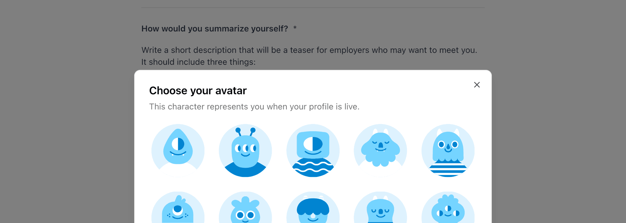 Job seeker profile avatar selection
